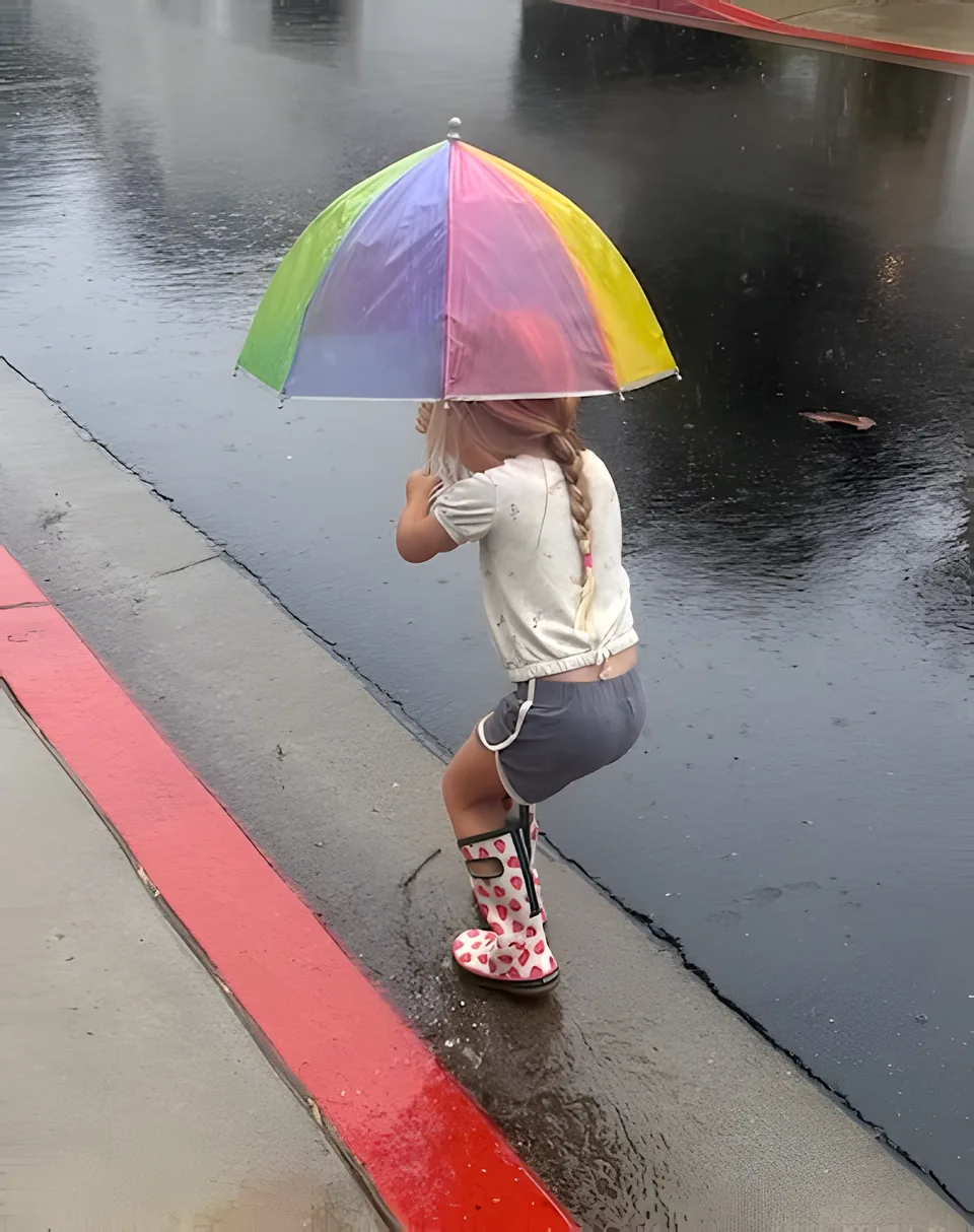 Upscaled: child with a rainbow umbrella