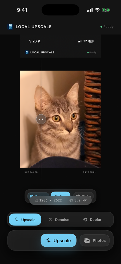 Local Upscale mode picker showing photo enhancement options