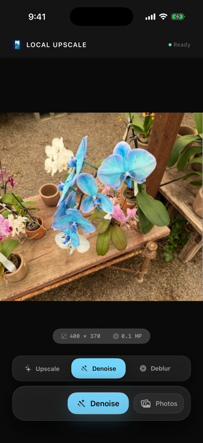 Local Upscale denoise mode selected on an iPhone screenshot