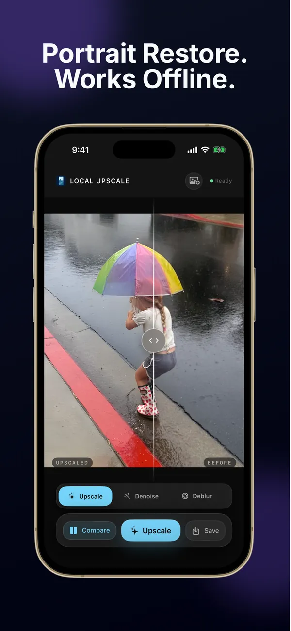 Portrait restore comparison on iPhone, works offline
